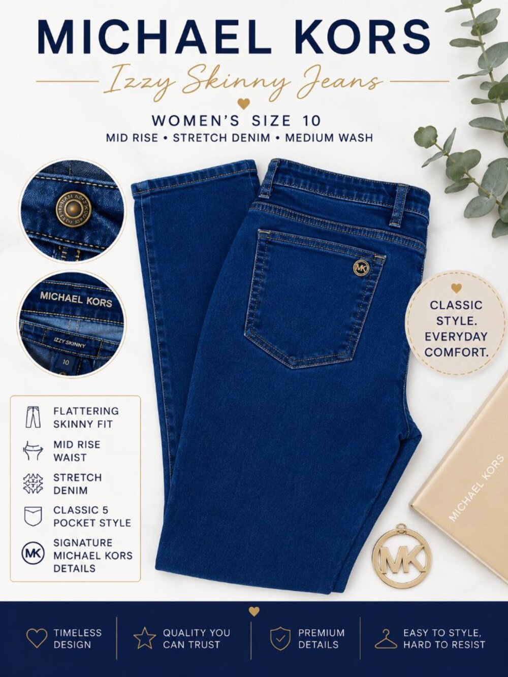 Michael Kors Izzy Skinny Jeans Women's 10 Blue Stretch Mid Rise Denim